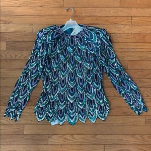 Vintage peacock seq/beaded formal top